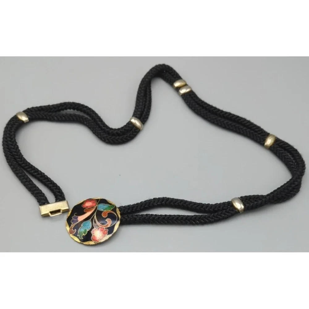 Vintage 1980s Stretch Cord Belt‎ Hook Floral Cloisonne Buckle